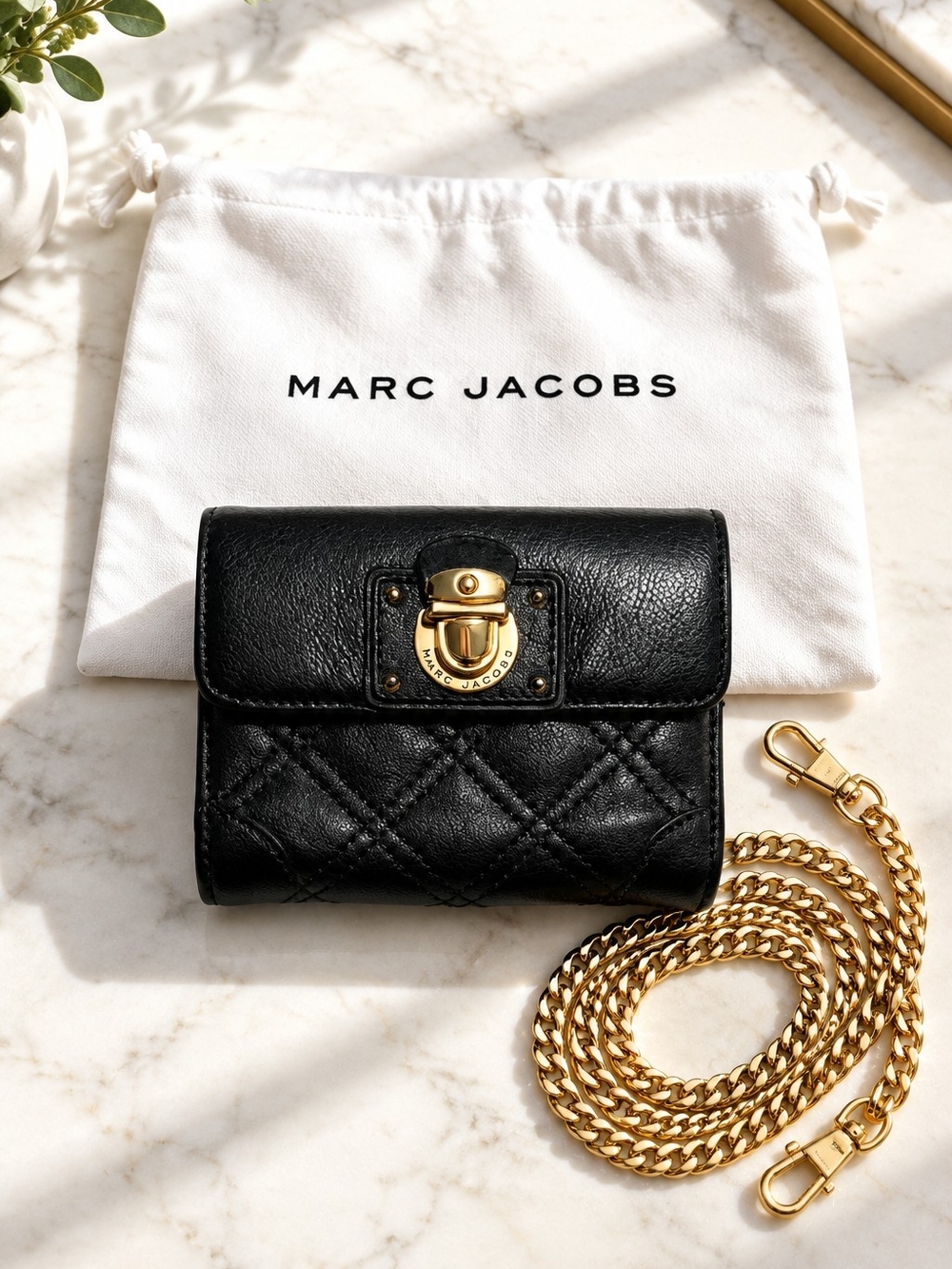 Marc Jacobs Black Quilted Leather Trifold Wallet with Dust Bag